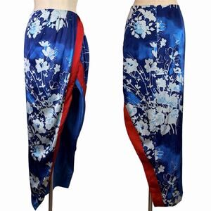 Nova Luxe Saya Satin Maxi Skirt Blue Size XL NWT, tropical, floral print, summer